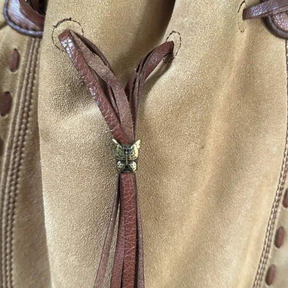 Tan Suede Bucket Bag with Brown Leather Accents - Picture 4 of 9